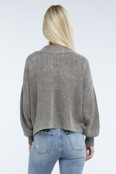 Ribbed Washed Collared Henley Sweater - Fashions Envy