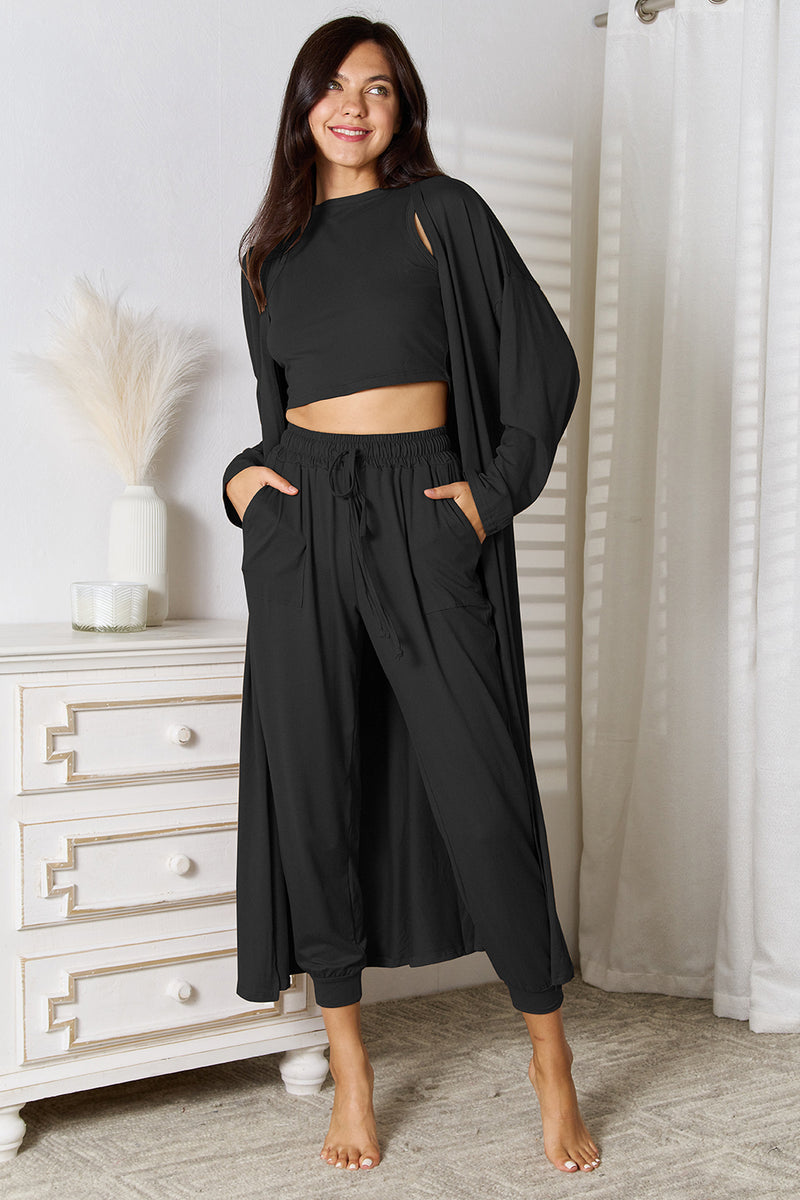 Crop Tank Top & Capri Pants with Long Cardigan Set