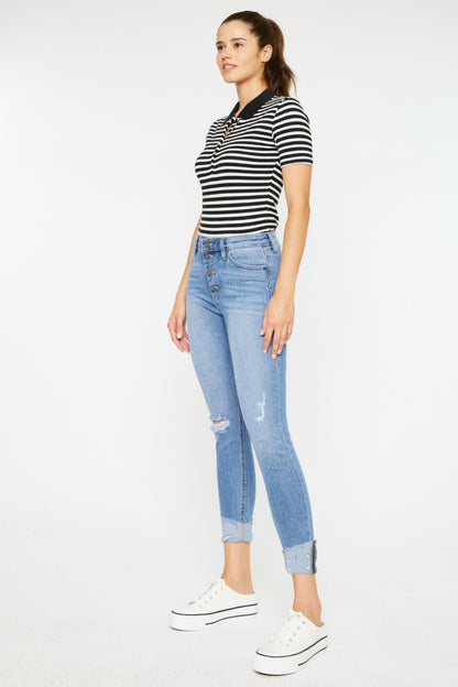 Light Blue Distressed Cat's Whiskers Button Fly Kancan Denim Jeans