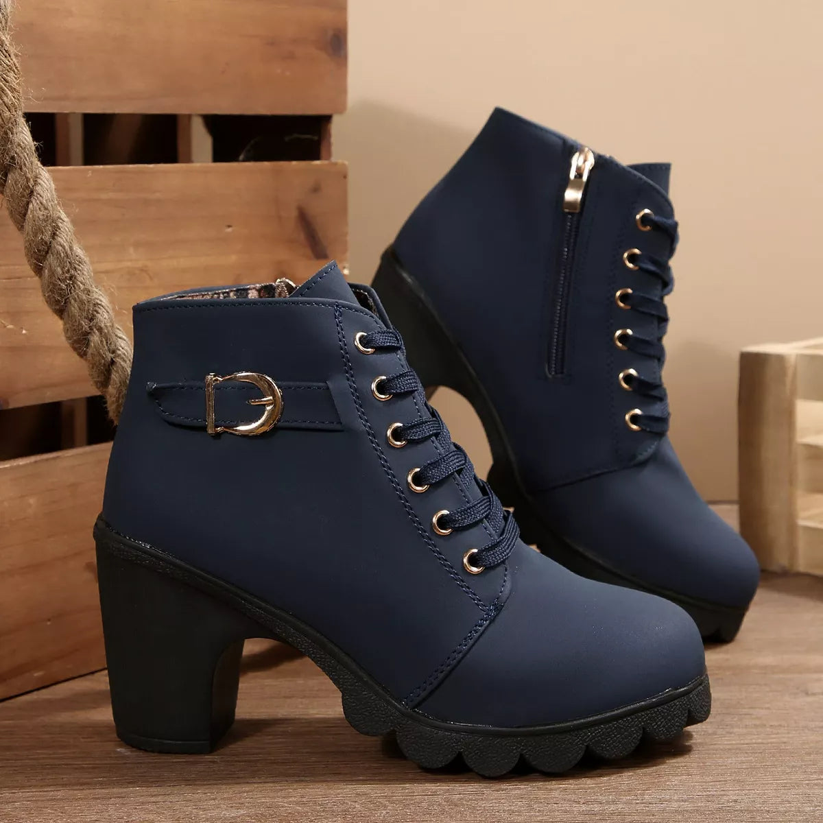Lace Up Boots - Block High Heels - Fashions Envy