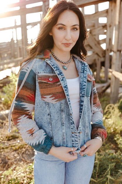 Multicolor Aztec Print Frayed Hem Denim Jacket