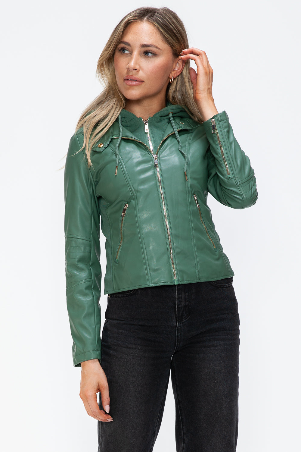 Sage Faux Leather Zip Up Drawstring Hooded Jacket