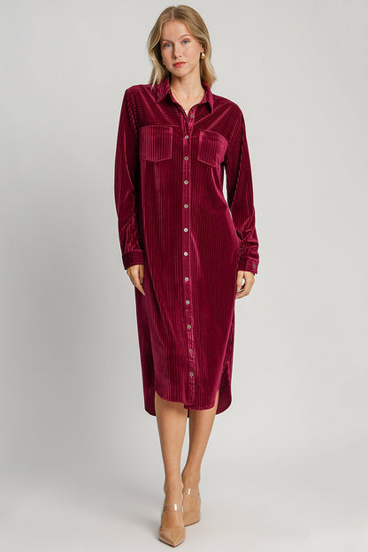 Burgundy Texture Curved Hem Button Down Shirt Dress