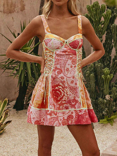 Floral Print Lace-Up Mini Dress