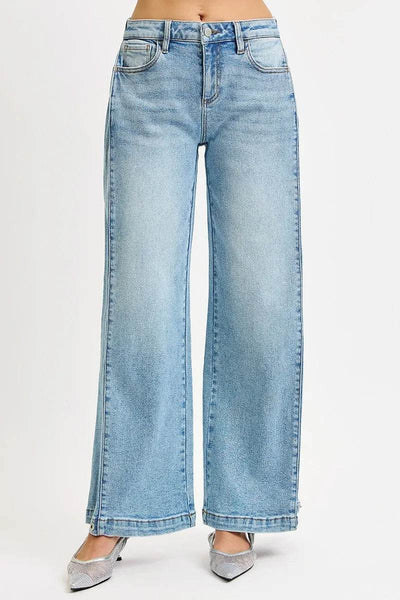 RISEN Mid Rise Wide Barrel Transferable Leg Snap Jeans - Fashions Envy
