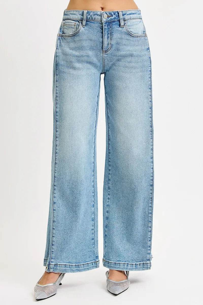 RISEN Mid Rise Wide Barrel Transferable Leg Snap Jeans - Fashions Envy