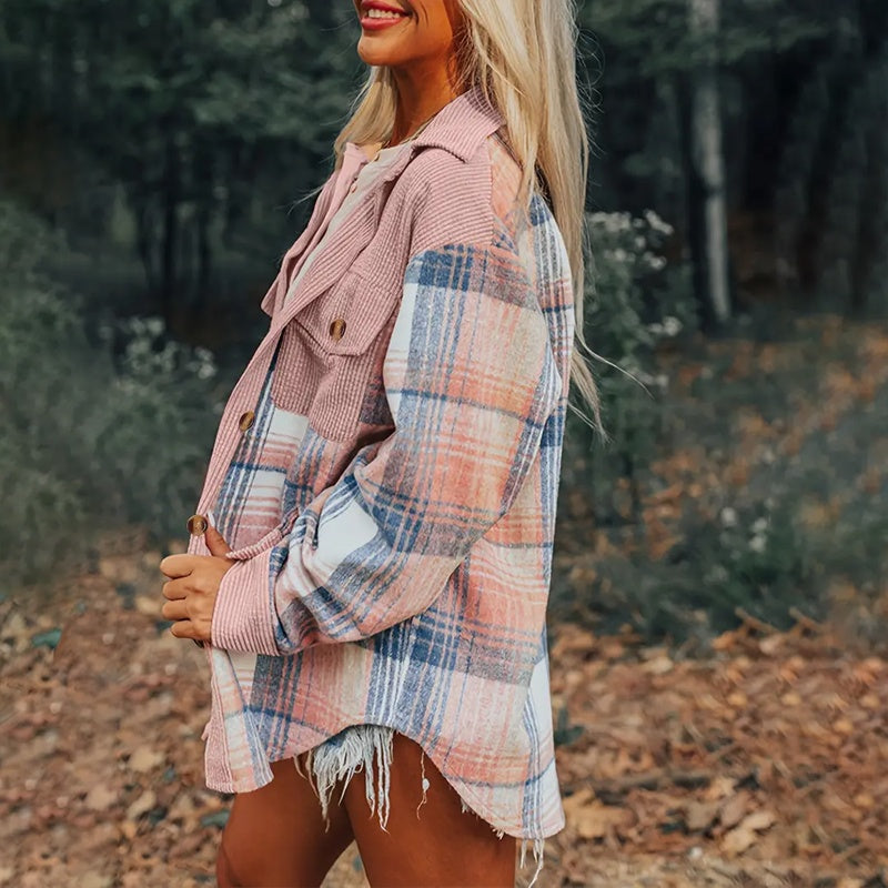 Women's Check Print Button Shirt - Notch Lapel Blouse - Fashions Envy