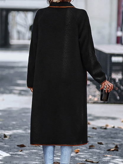 Full Size Contrast Trim Long Sleeve Coat with Pockets - Fashions Envy