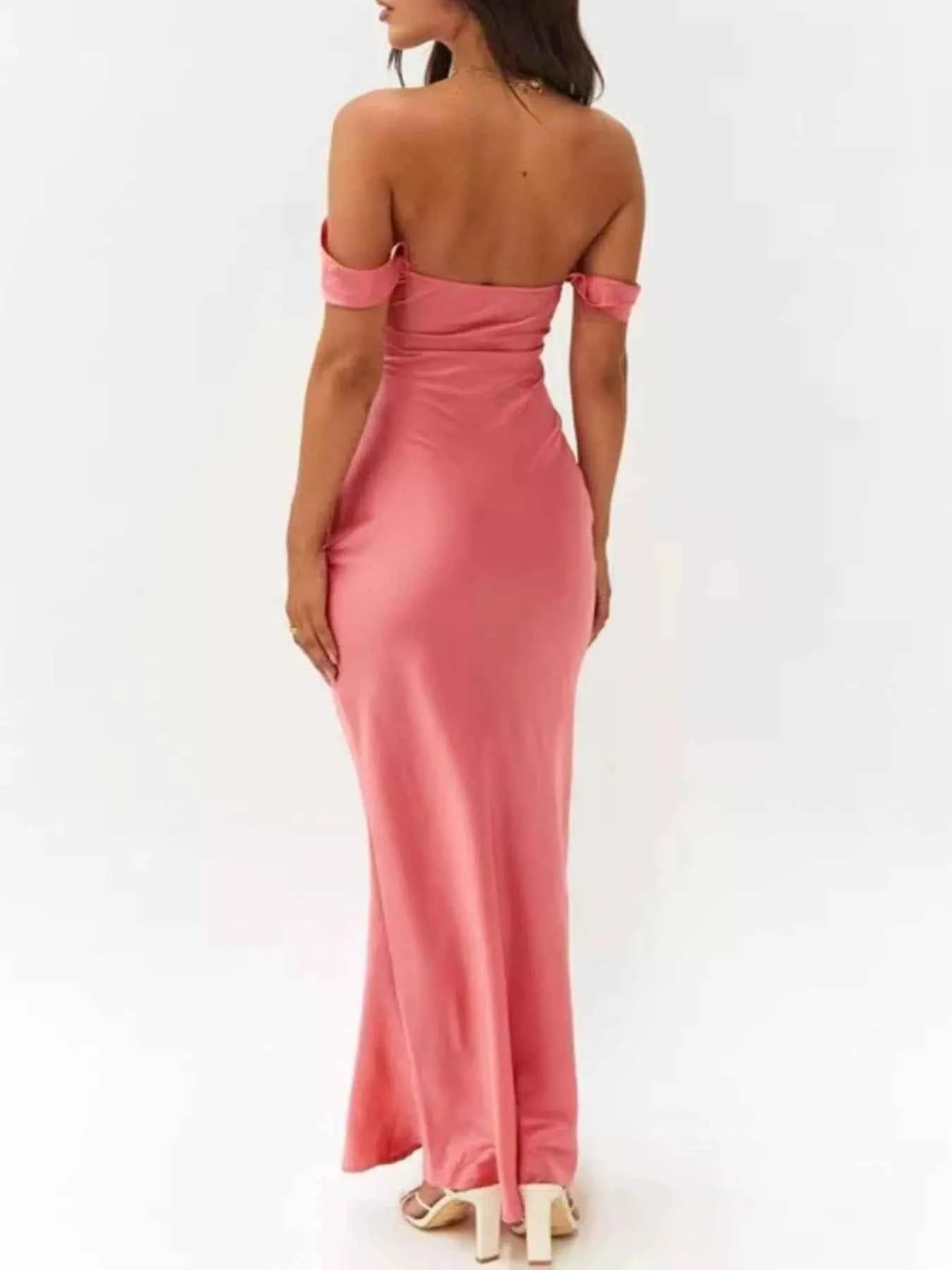 Watermelon Red Maxi Dress - Satin Off-Shoulder Gown