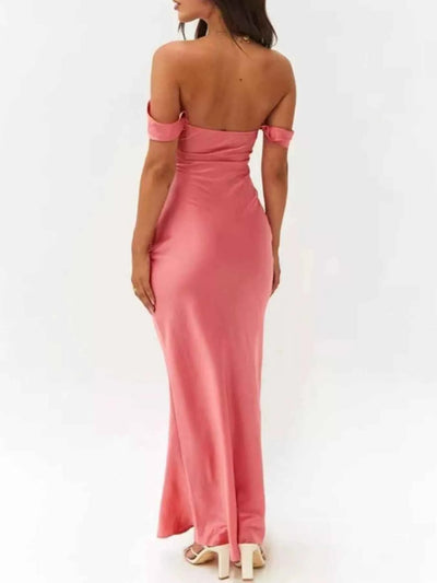 Watermelon Red Maxi Dress - Satin Off-Shoulder Gown