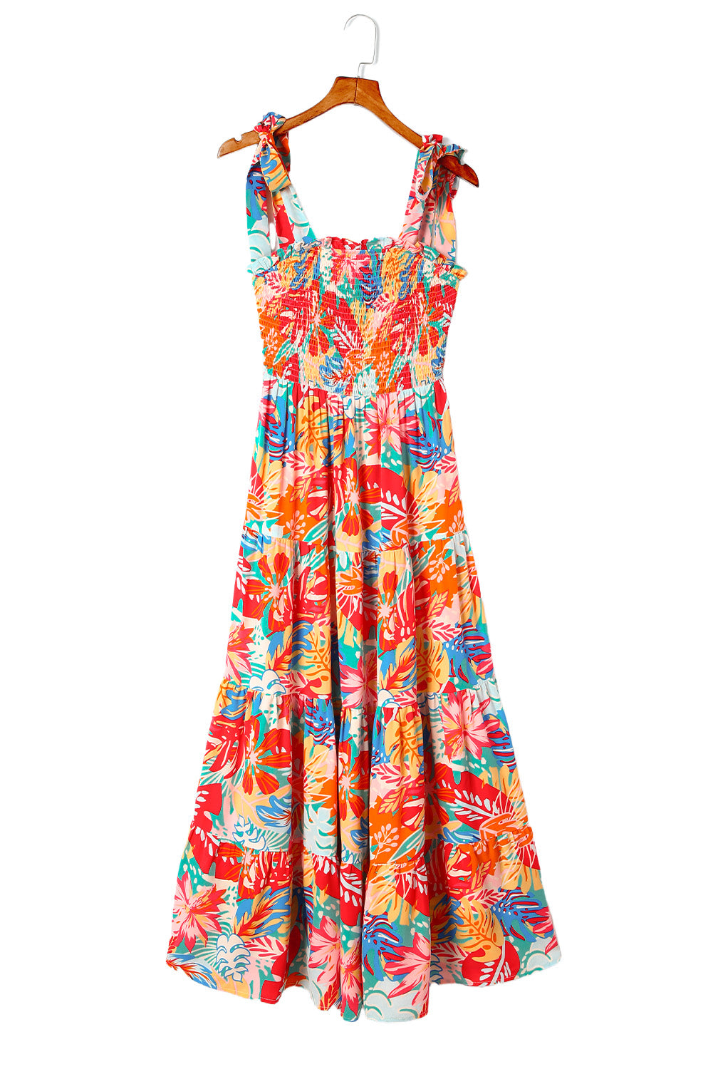 Smocked Ruffle Tiered Maxi Dress - Vibrant Tropical Print
