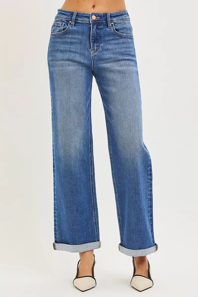 RISEN High Rise Jeans Women - Relaxed Fit Ankle Cuff - Fashions Envy