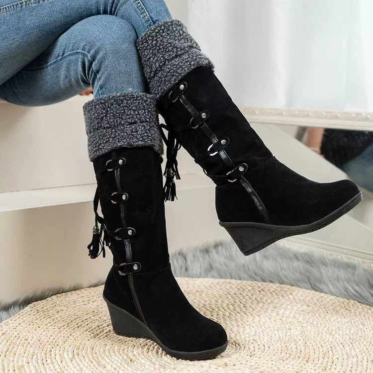 Suede Wedge Boots with Fur Cuff - Fashions Envy