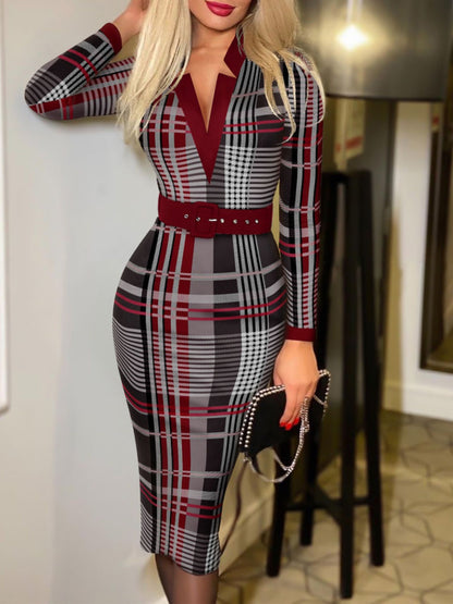 Printed Notched Long Sleeve Wrap Midi Dress