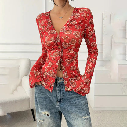 Long Sleeve V Neck Ruched Button Down Floral Shirt