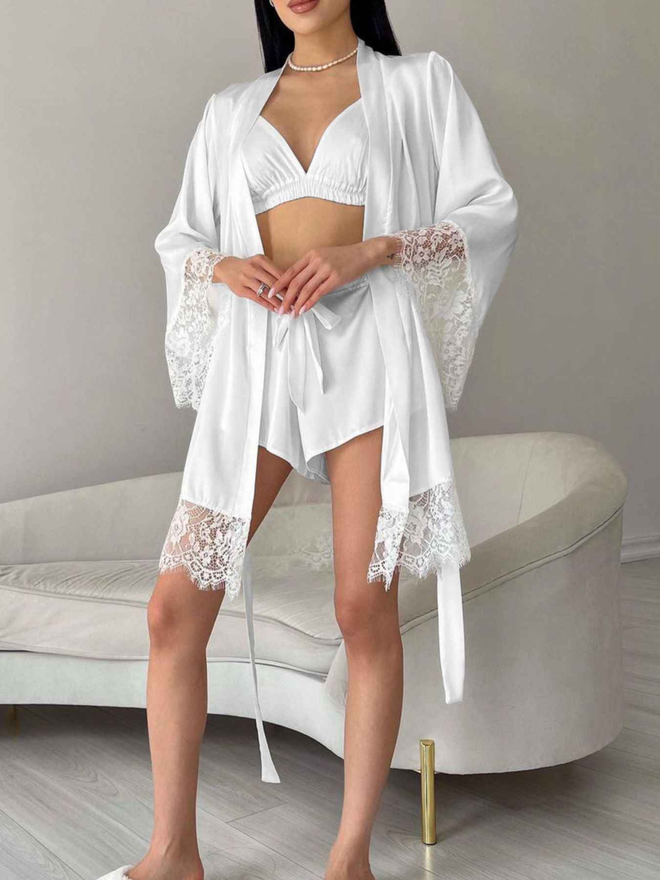 Shorts Lounge Set - Cami and Lace Trim Cardigan