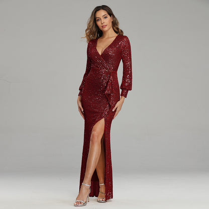 Sequined High Slit Evening Dress - Long Sleeve Banquet Gown