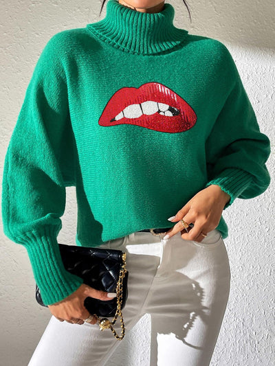 Lip Turtleneck Long Sleeve Sweater - Fashions Envy