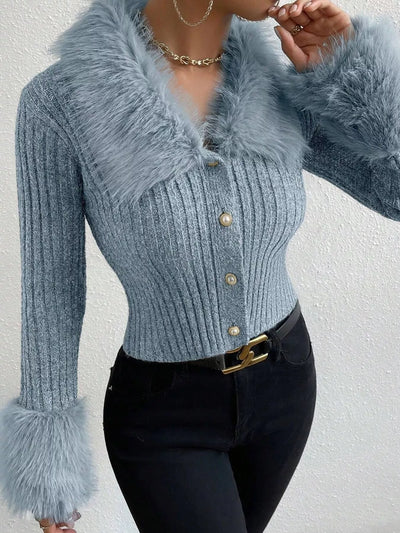 Faux Fur Trim Ribbed Knit Cropped Cardigan - Fashions Envy