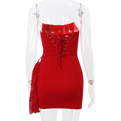 Red lace-up dress on a transparent mannequin with a white background