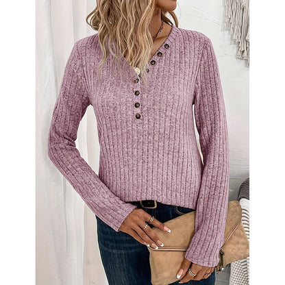 Ribbed V-Neck Tunic - Slim Fit Button-Down Top