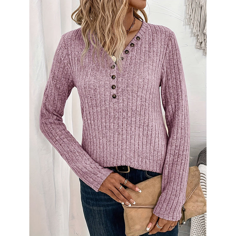 Ribbed V-Neck Tunic - Slim Fit Button-Down Top