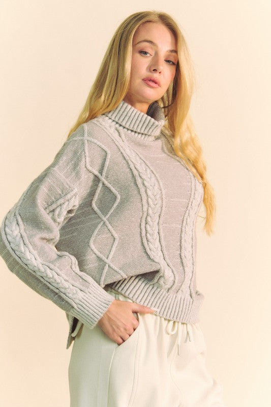 Gray Cable-Knit Turtleneck Dropped Shoulder Sweater