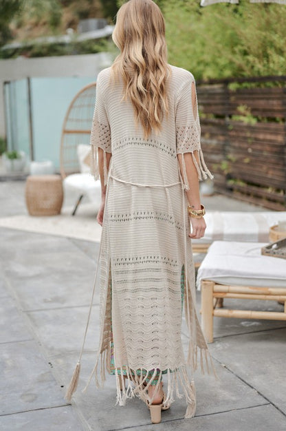 Solid 3/4 Sleeve Long Cardigan With Fringe