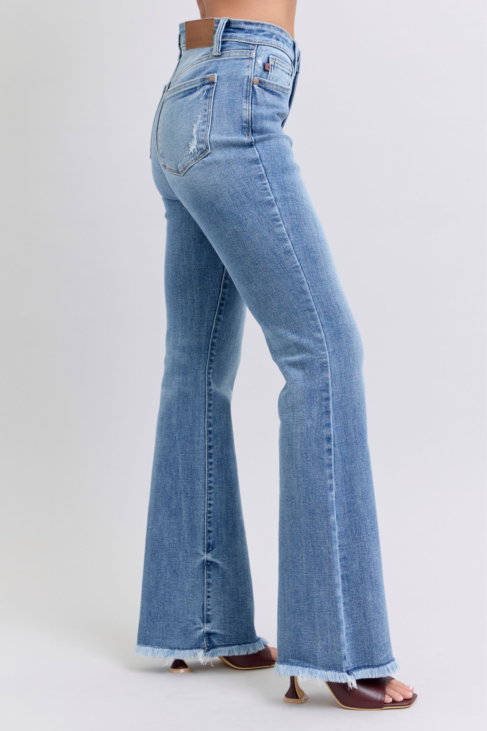 Medium Blue Full Size Raw Hem High Rise Bootcut Judy Jeans