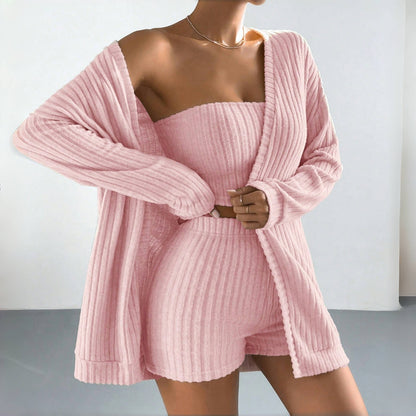 Slumber Party Trio - Brushed Pajama Coat & Shorts