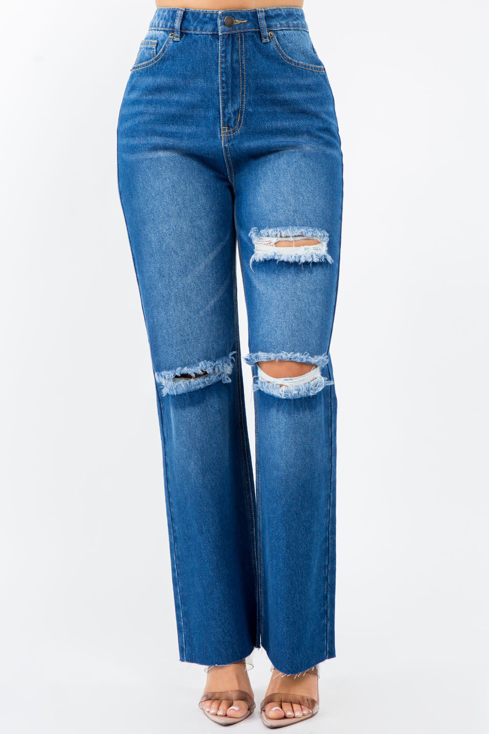 High Waist Distressed Wide Leg Denim Blue Jeans