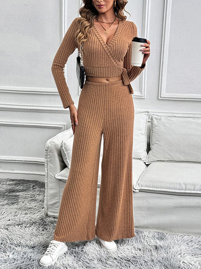 Perfee Surplice Long Sleeve Top and Pants Set - Fashions Envy