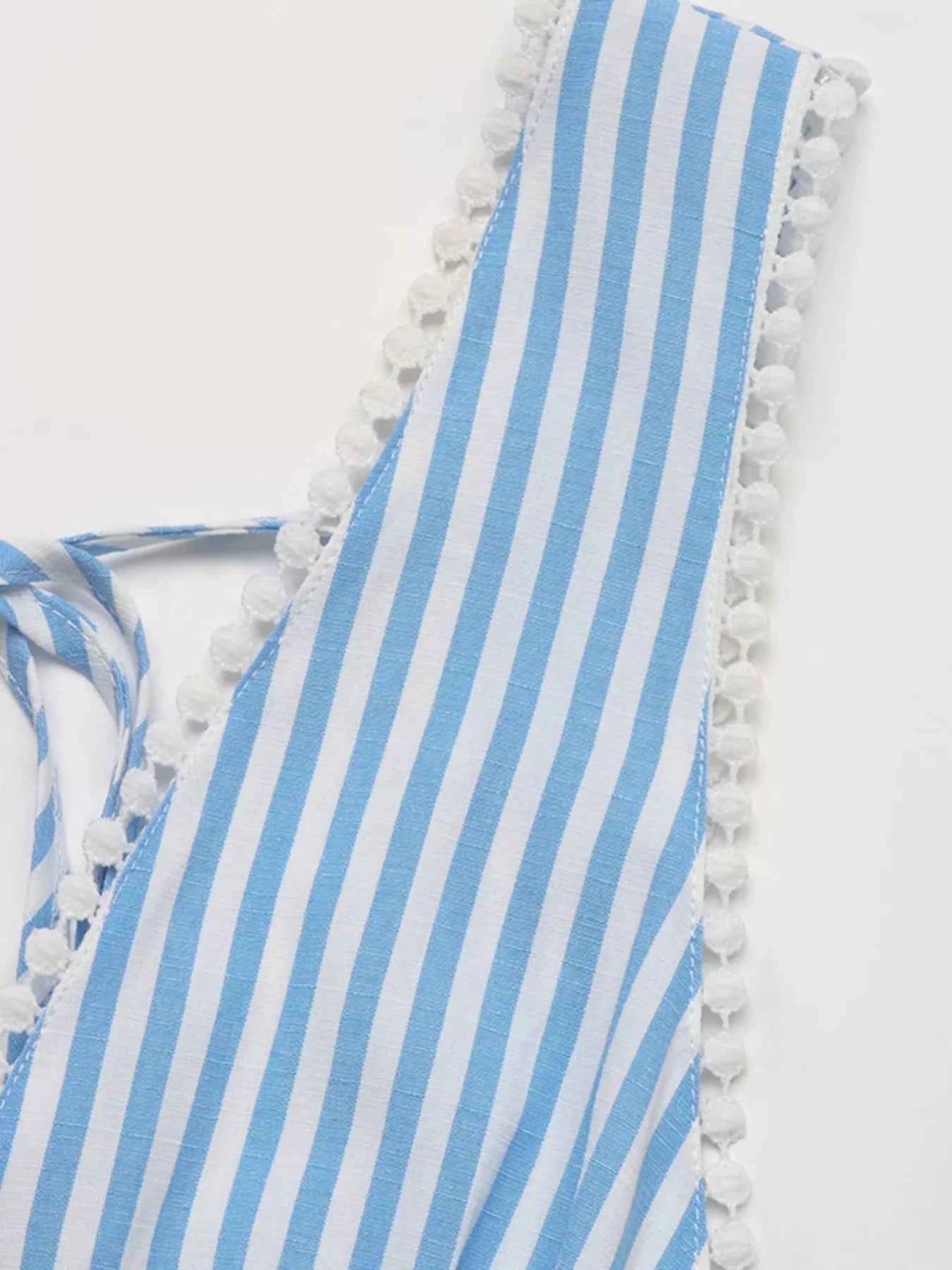 Light Blue Striped Mini Dress - Pom-Pom Hem Tie Front