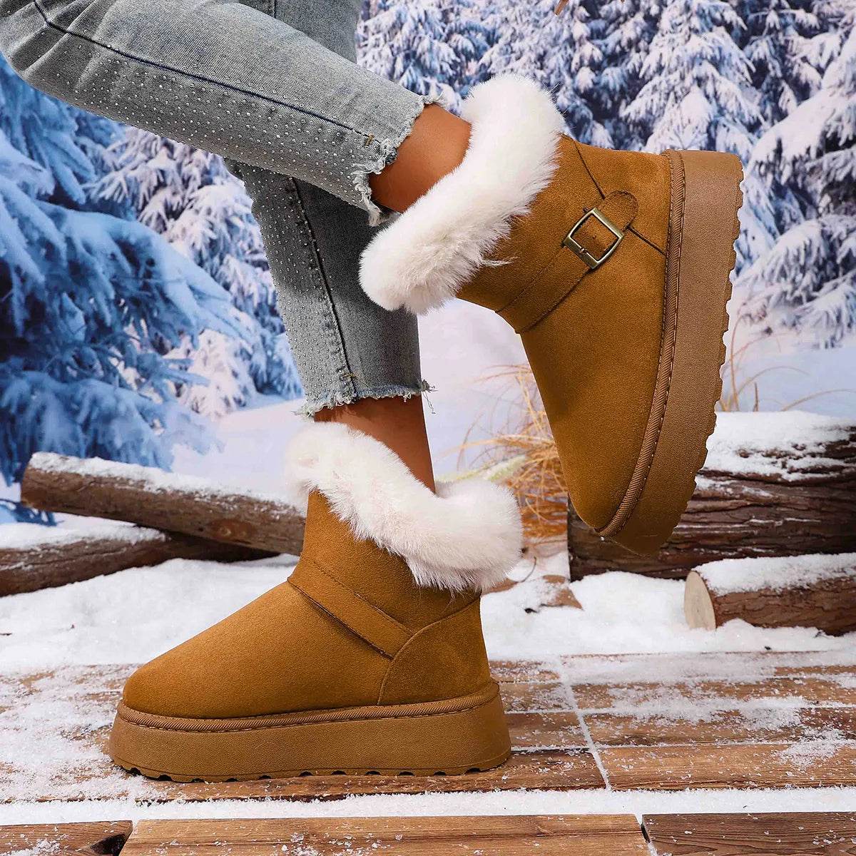 Cozy Round Toe Platform Boots with Fluff Lining - Fashions Envy