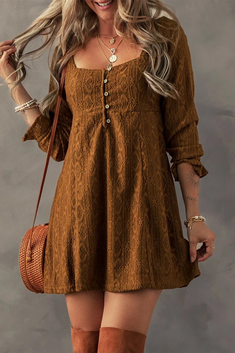 Decorative Button Textured Square Neck Mini Dress