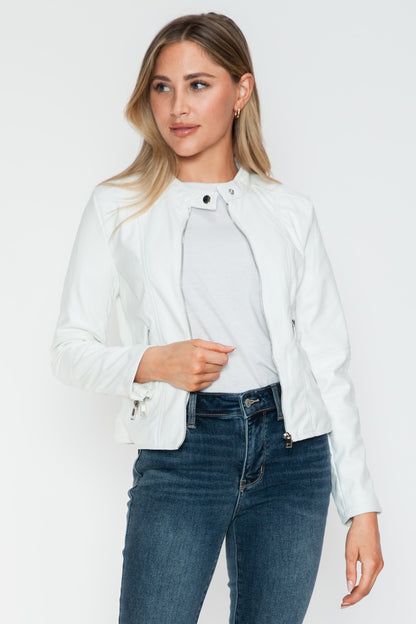 White PU Leather Zip Up Jacket with Pockets