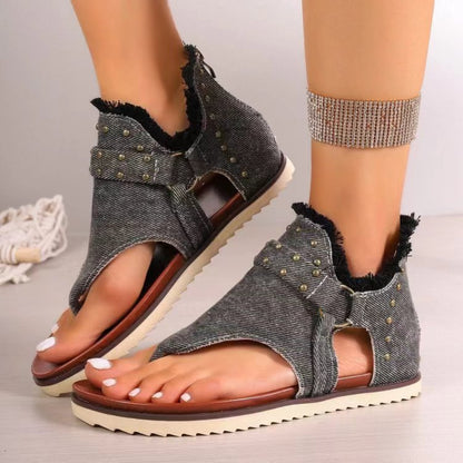 Studded Raw Hem Flat Sandals - Fashions Envy