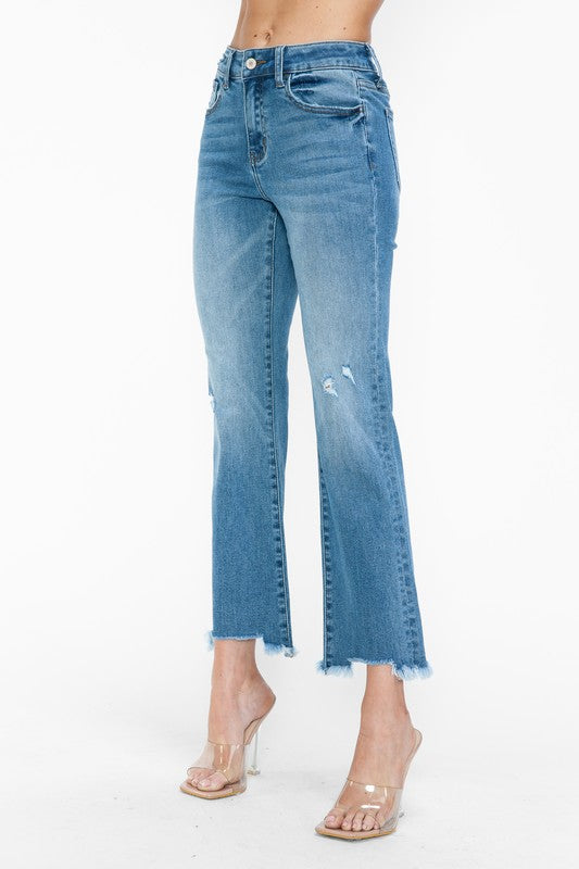 Medium Blue Raw Hem Distressed Mid Rise Crop Jeans