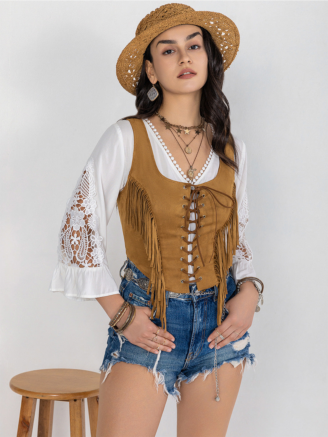 Fringe Lace-Up Vest - Fashions Envy