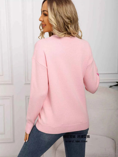 Valentine's Day Heart Print Round Neck Sweater - Fashions Envy
