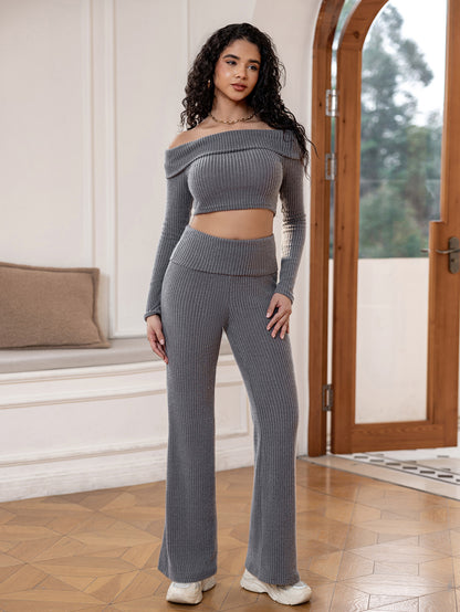 Gray Lounge Set - Off-Shoulder Top & Flared Pants