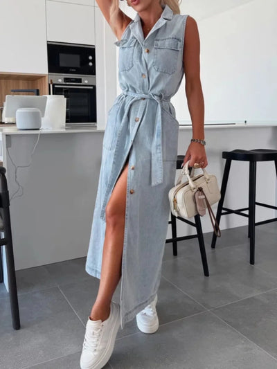 Button Front Sleeveless Denim Dress - Fashions Envy
