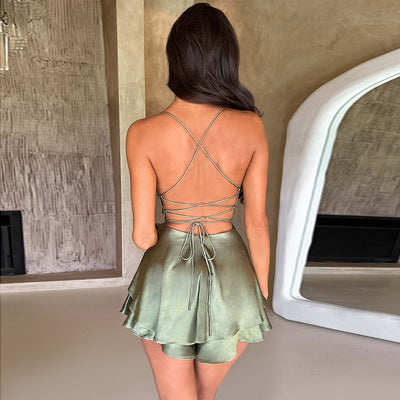 Satin Backless Halter Strap A-Swing Sexy Mini Dress