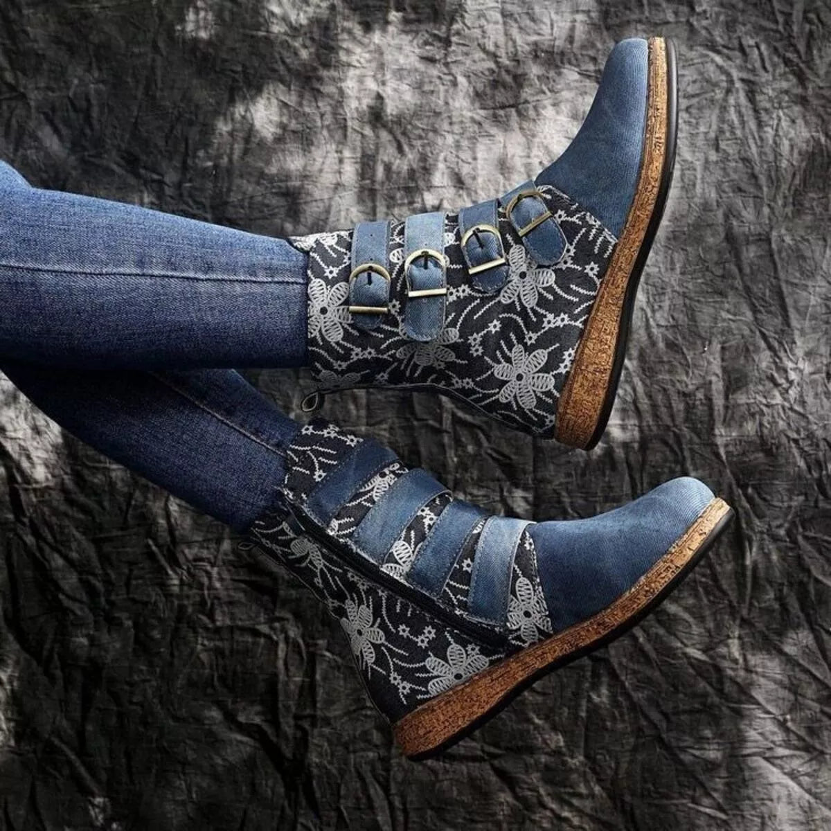Embroidered Boots - Round Toe Flats - Fashions Envy
