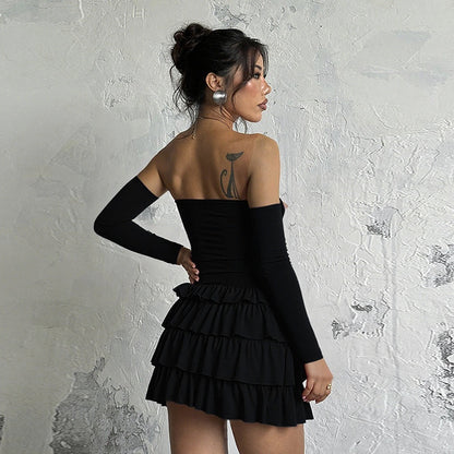 Bustier Dress - One-Shoulder Long Sleeve Slim Fit
