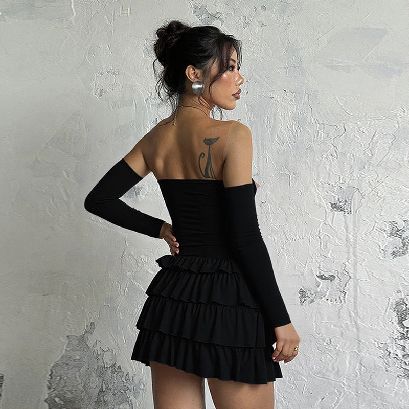 Bustier Dress - One-Shoulder Long Sleeve Slim Fit