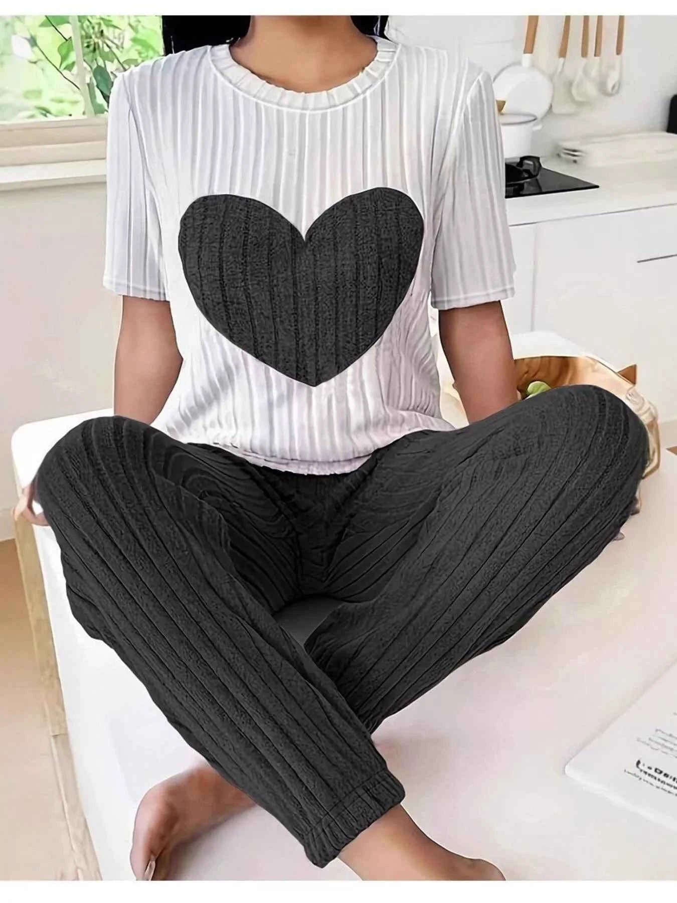 Heart Ribbed Knit Top and Pants Lounge Set