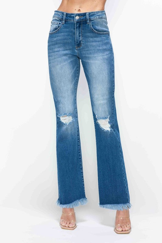 Medium Blue Full Size Raw Hem Distressed High Rise Bootcut Jeans