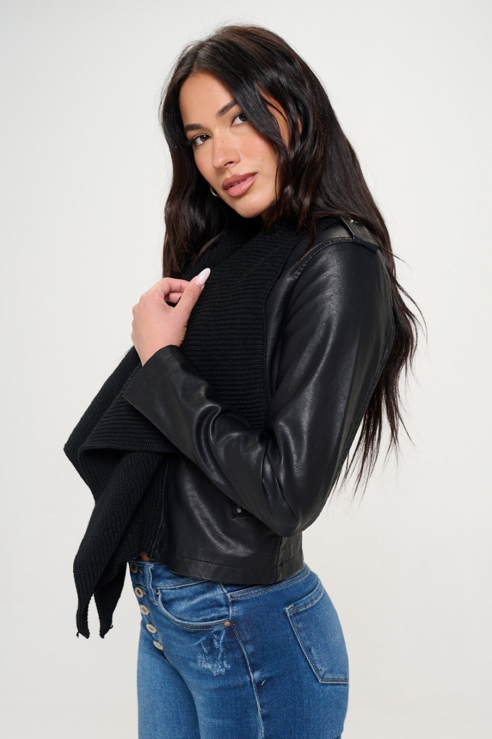 Black Knit Collared Faux Leather Crop Jacket