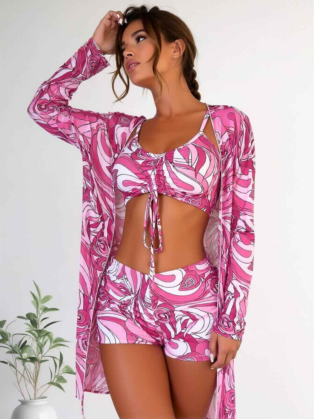 Pink Paisley Three-piece Swimsuit - Matching Kimono Cover-up